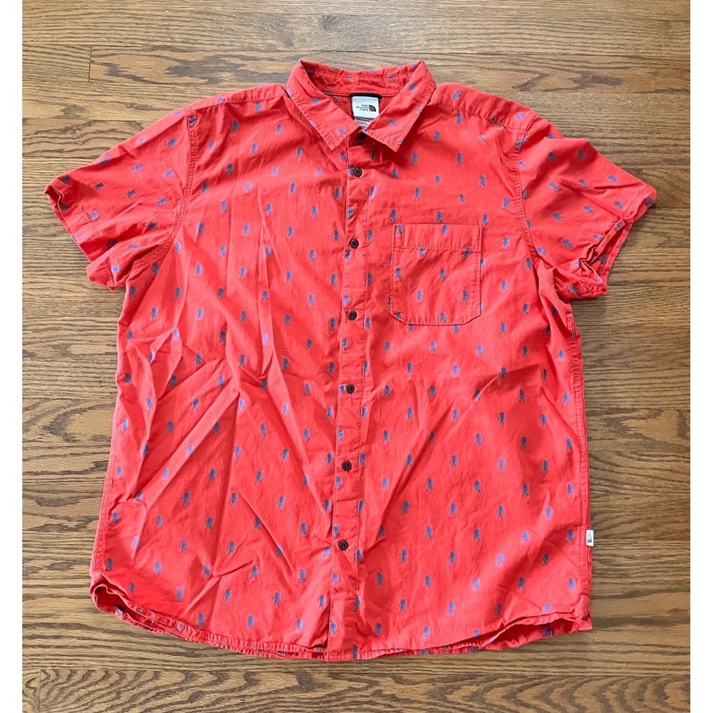 The North Face Mens XXL Red Hiker Print Short Sleeve Button Down Shirt